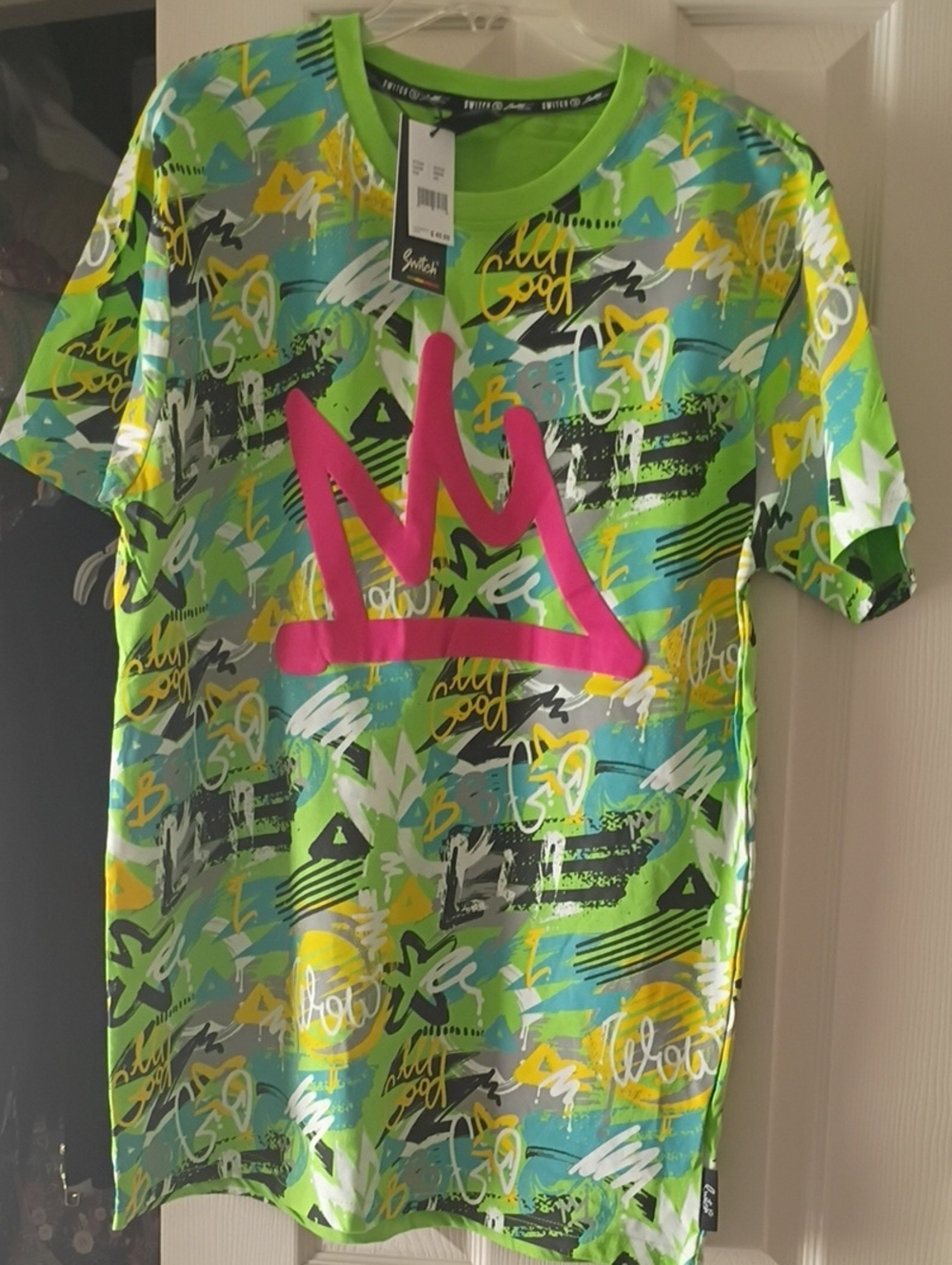 Neon Green Graffiti Print Switch Tee with Pink Crown